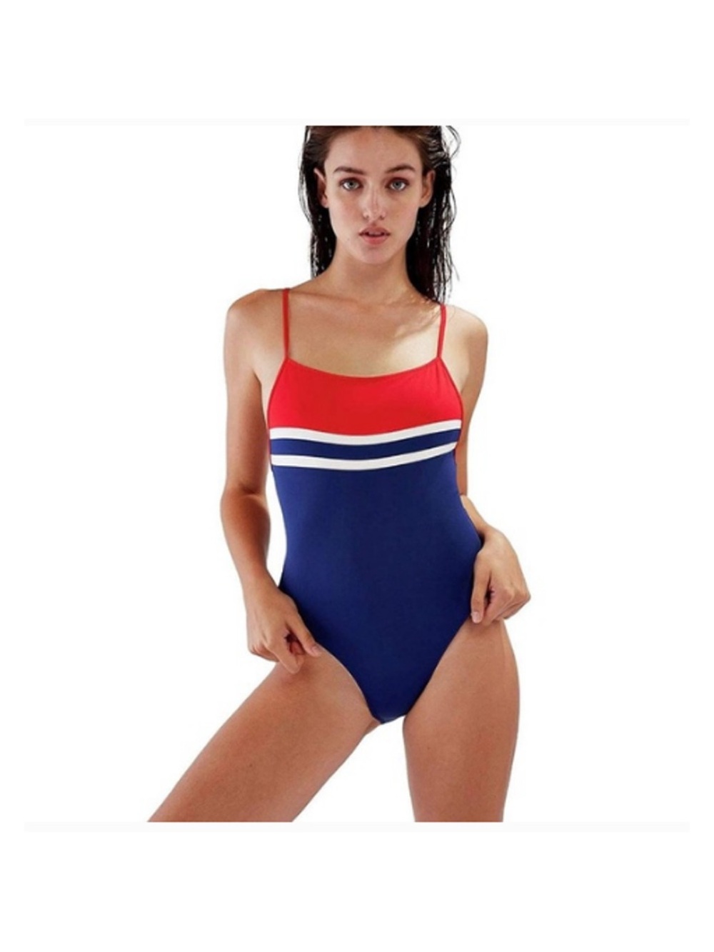 Solid and Striped Classic Colorblock One-Piece Swimsuit - Red & Navy size small